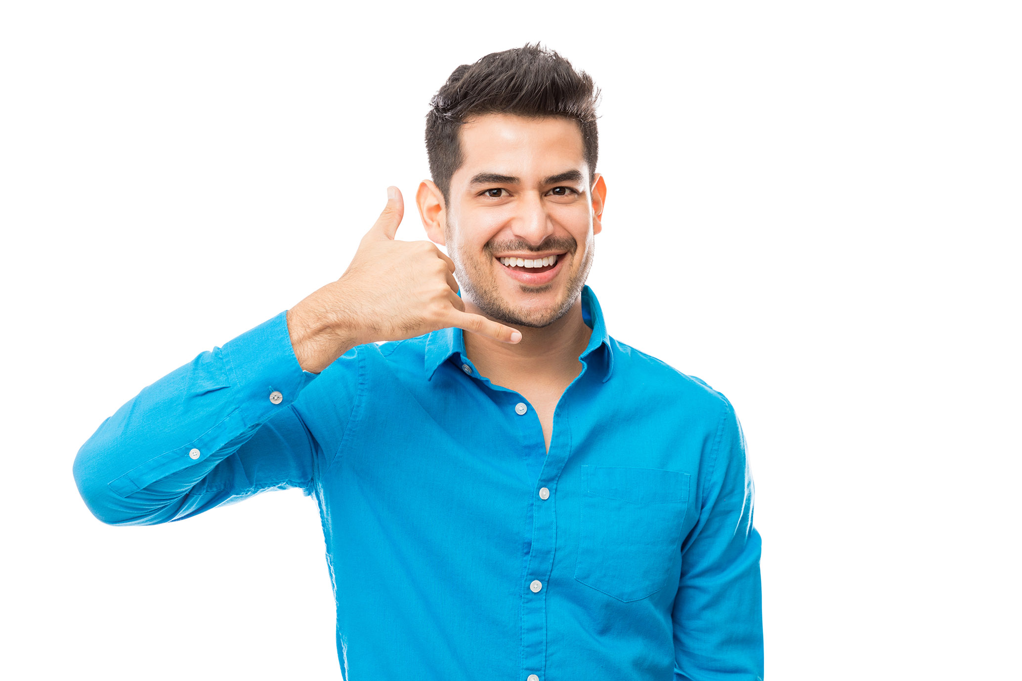 Handsome smiling man showing call me gesture on white background